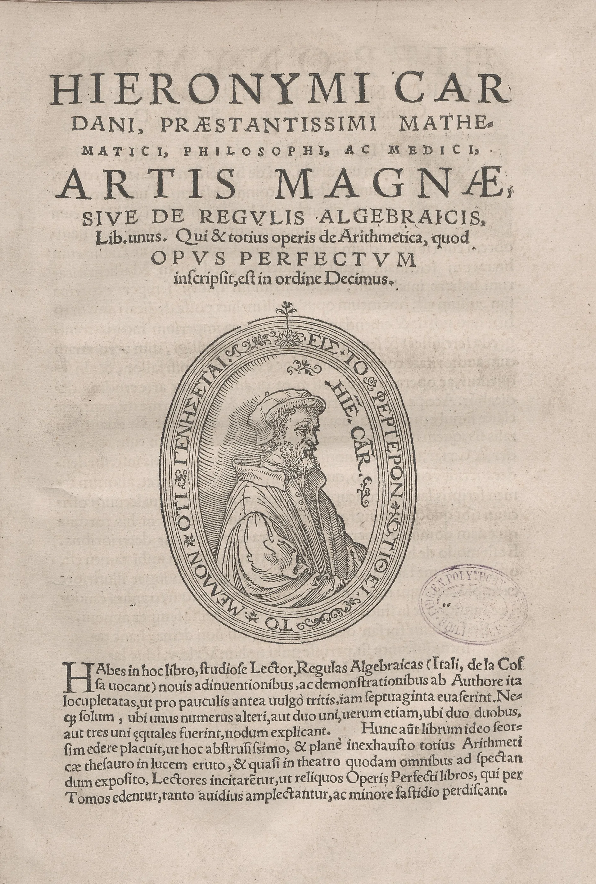Frontispício do Ars Magna, tratado de álgebra publicado por Gerolamo Cardano em 1545